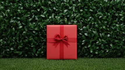A vibrant red gift package adorned with a bow is set against a lush green foliage background, ideal for promotions related to special occasions, gifting, and celebrations,