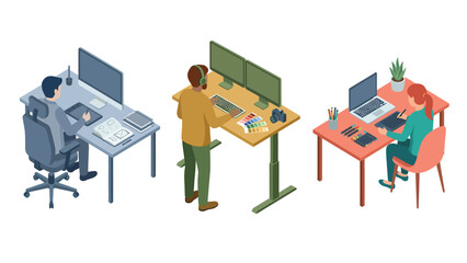 Fototapeta premium Isometric Illustration of Diverse Office Workstations with Employees