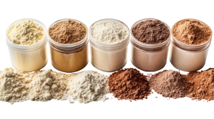 Different Protein Powder Set in Different Containers on White Background for Fitness and Nutrition Concept