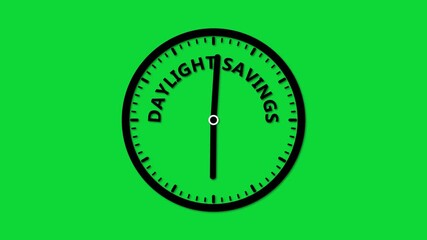 Black clock with " DAYLIGHTSAVINGS" text on a bright green background time daylight savings