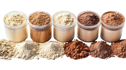 Different Protein Powder Set in Different Containers on White Background for Fitness and Nutrition Concept