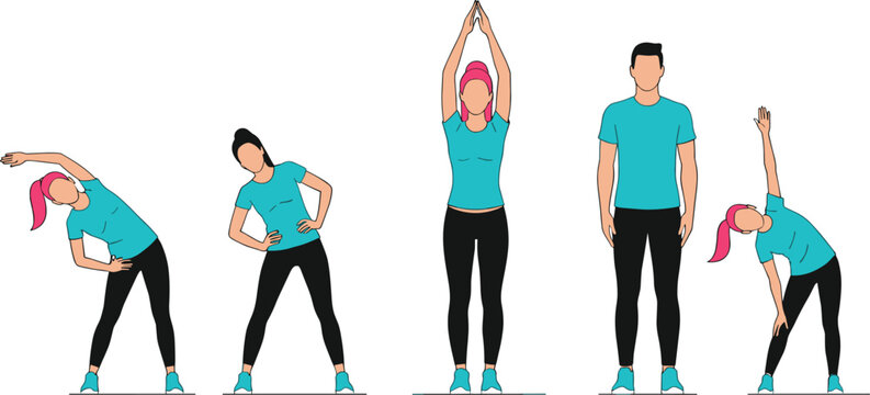 People Performing Morning Stretching Exercises and Warm Up Workout Poses Isolated on White Background Flat Vector Illustration