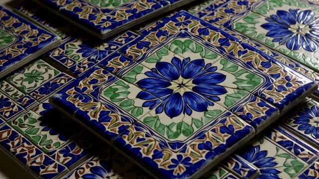 Close-up view of beautiful hand-painted ceramic tiles showcasing vibrant blue floral and green leaf designs.