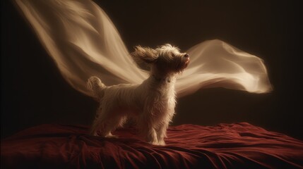 Dreamy dog portrait in flowing fabric light, dreamy dog portrait with soft artistic motion, dreamy dog portrait for emotional fine art concept