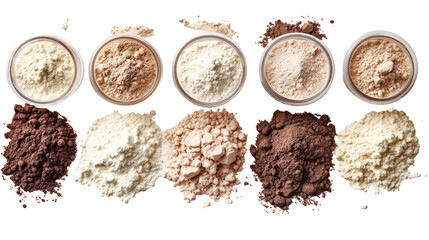 Different Protein Powder Set on White Background for Nutrition and Fitness Concept