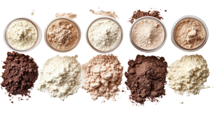 Different Protein Powder Set on White Background for Nutrition and Fitness Concept
