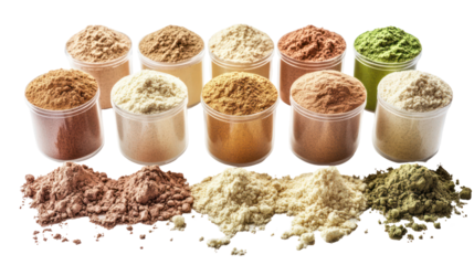 Different Protein Powder Set on White Background for Nutrition and Fitness Concept