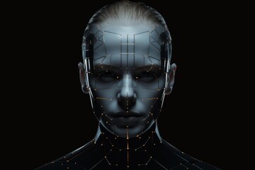 Ai humanoid face showcasing advanced facial recognition and futuristic data network