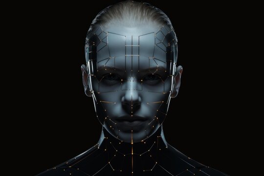Ai humanoid face showcasing advanced facial recognition and futuristic data network - Powered by Adobe