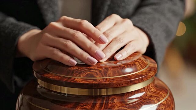 Close-up of woman's hands resting on a wooden cremation urn. Grieving female touching a memorial vessel during a funeral service. Concept of loss, mourning, and remembrance
