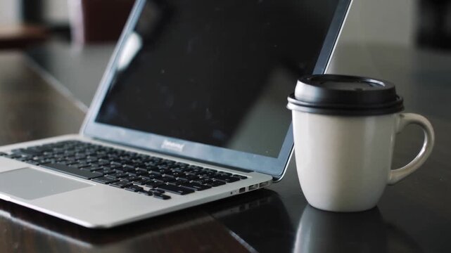 Close-up of a laptop and coffee mug on a dark wooden table, symbolizing remote work, study, or a home office setup.