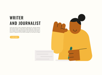 Flat modern illustration of a writer and journalist holding pen and paper, representing writing, reporting, storytelling, content creation, and professional journalism concept.