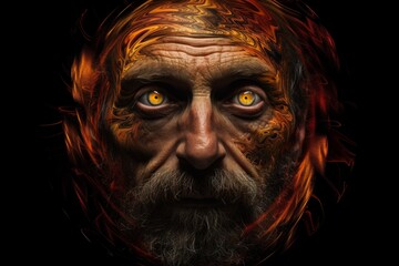 Older man's face transforming with fiery patterns and glowing yellow eyes