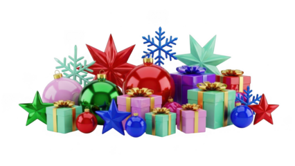 Christmas ornaments and gifts isolated on transparent background