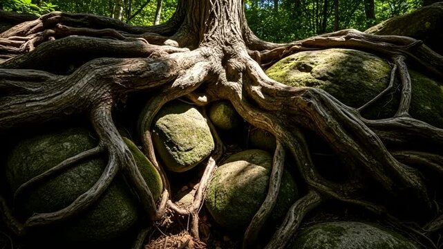 Tree roots intertwining with large boulders in forest