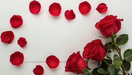 Red Roses and Petals Frame with Blank White Card on Clean Background