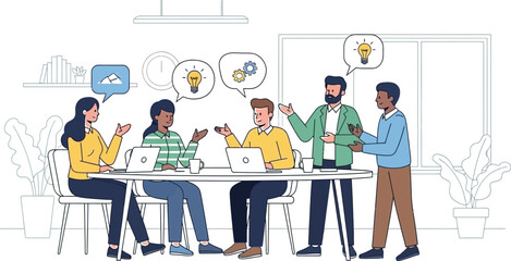 Diverse team of colleagues actively engaged in a vibrant brainstorming session sharing innovative ideas and discussing project strategy around a modern office table.