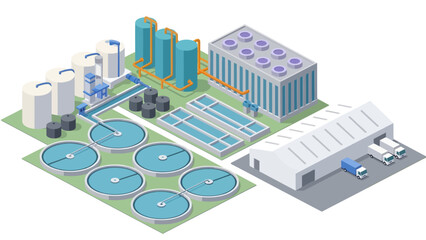 An isometric vector illustration of a water treatment facility featuring five circular clarifiers, rectangular aeration pools, large storage tanks, and a distribution warehouse with trucks