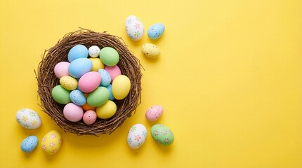 painted colorful easter eggs in natural nest on yellow background. spring holiday celebration concept. greeting card, banner, website header with copyspace.