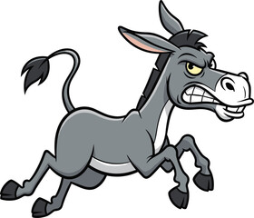 Fototapeta premium Aggressive Angry Donkey Cartoon Character Running and Charging with Mean Expression, Gritted Teeth, Stubborn Mule Vector Illustration Isolated on White Background