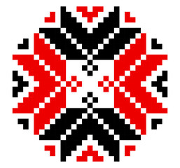 Fototapeta premium Traditional geometrical ornament isolated on white. Vyshyvanka icon. Cross stitch. Embroidery in black and red colors. Vector element for design. Folk pattern. Festive ornament