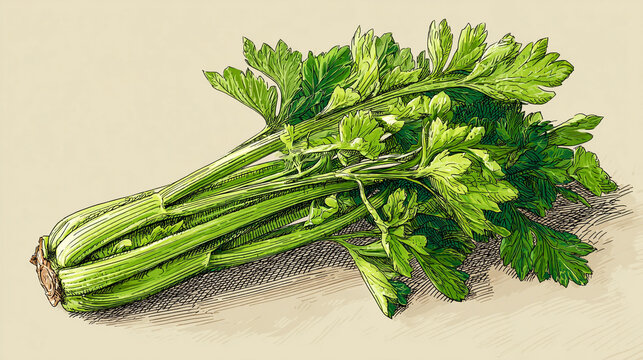 A bunch of fresh green celery stalks with leaves