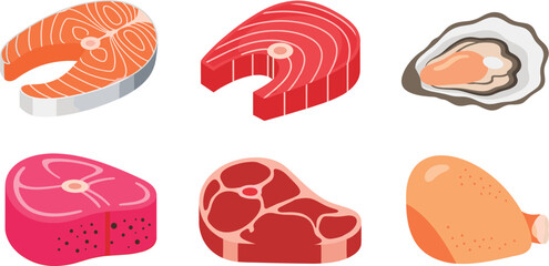 Raw Meat and Seafood Cuts Icon Set Including Beef Steak Salmon Fish Oyster and Chicken Isolated on White Background