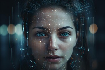Woman's portrait transforming with digital data, representing ai and futuristic technology