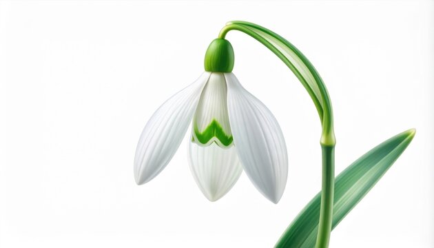 Close up of Snowdrop Flower with White Petals Isolated on White