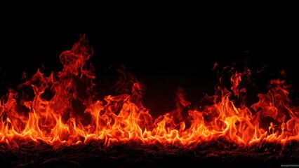 Intense continuous fire flame border isolated on black background. Red hot burning bonfire heat texture and fiery glowing coal surface for overlays or design backgrounds.