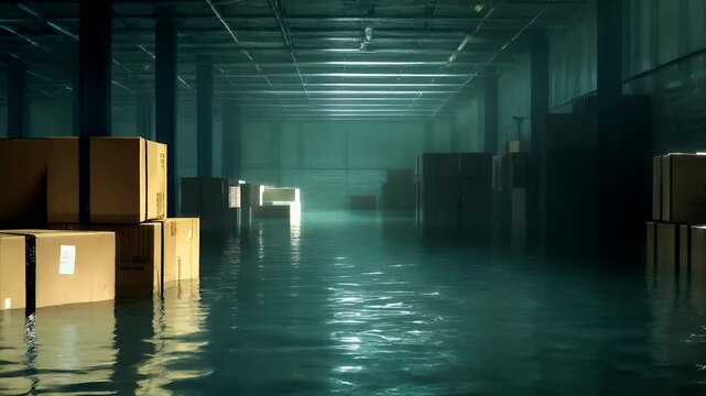 Natural disaster. Devastating loss aftermath scene. flooded warehouse interior with cardboard boxes and water damage.