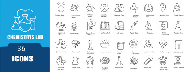 Chemistry Lab Line Icons set .Research Tools, Experiments  ,Lab Report,Chemical Bottles,Chemist, Microscope, and more. Outline Icon Collection.  © PixiLine