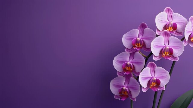 A cluster of delicate, purple orchid blooms grace the right side against a solid, rich purple background, creating a serene floral composition