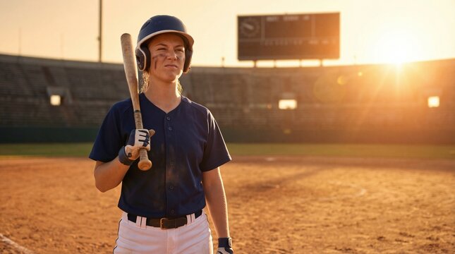 caucasian female batter standing on dirt field with bat during sunset. confident athlete with eye black posing at stadium. sport competition concept. banner, website header with copy space.