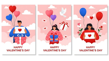 Valentine's Day card designs with gifts and flying balloons, illustrations of love and celebration