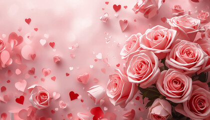Romantic Pink Roses with Floating Hearts on Soft Valentine Background