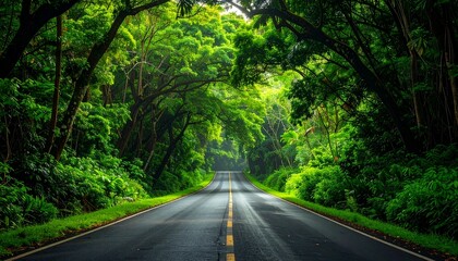 Fototapeta premium Lush Green Forest Canopy Tunneling Over a Paved Road.