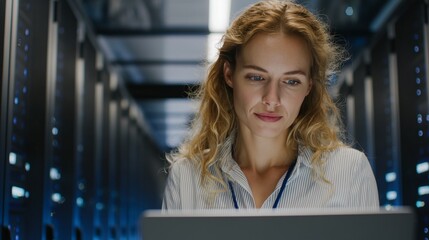 A woman IT specialist works diligently in a high-tech data center, using her laptop to manage various tasks. Surrounded by rows of servers, the woman focuses on maintaining critica