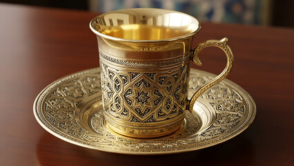 Elegant gold cup and saucer with intricate designs on wooden table