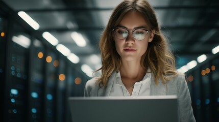 A woman is engaged in her work in a modern data center, using her laptop to monitor critical systems. The woman operates among numerous servers, focused on technology and data mana