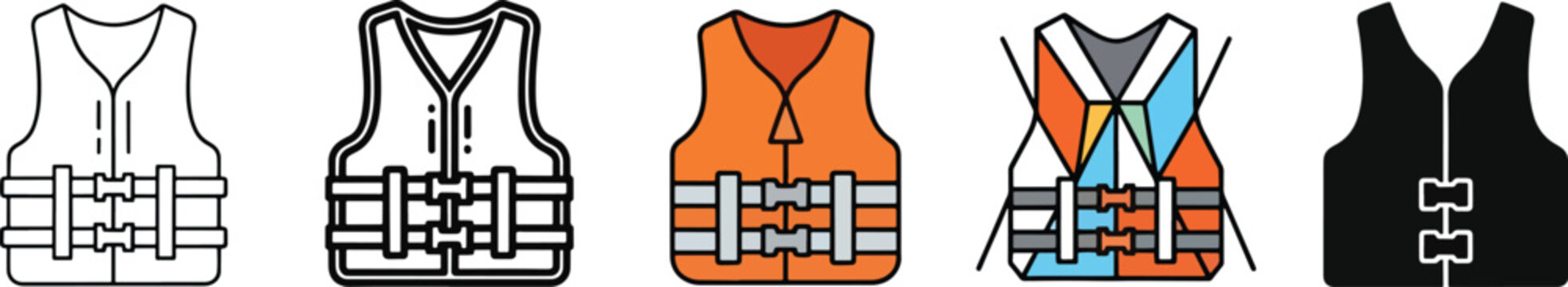 Life Jacket Safety Icons &ndash; Water Rescue Vest Symbols, Marine Protection Equipment, Boating Emergency Gear Vector