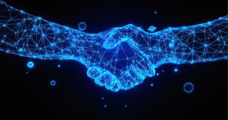 Abstract digital handshake with glowing blue low poly wireframe and particles, cyber security and blockchain technology concept, 4K - Powered by Adobe