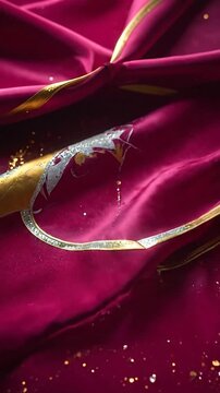 Close-up of deep red fabric with gold trim and silver pattern, with sparkling particles
