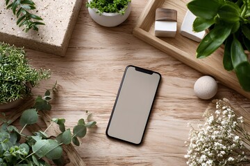 Relaxed ambiance minimalist home office with smartphone on wooden surface and surrounding plants