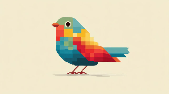 Colorful pixel art illustration of a bird on a light background, retro 8-bit animal character with geometric shapes and minimalist design