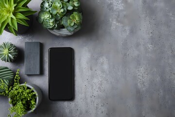 Stylish smartphone and green plants on a concrete surface home office setup modern aesthetic