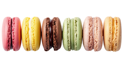 Flat lay of colourful macarons assortment arranged neatly showcasing vibrant pastel desserts for bakery concept isolated on white background