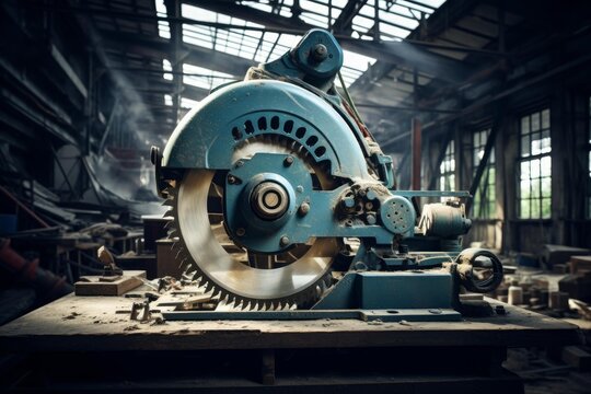 Old circular saw with a large blade in a rundown industrial woodworking factory - Powered by Adobe