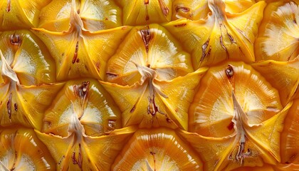 Close-up of a vibrant yellow pineapple skin, textured with a repeating pattern