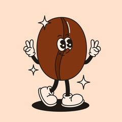 Groovy coffee bean character in retro style.
